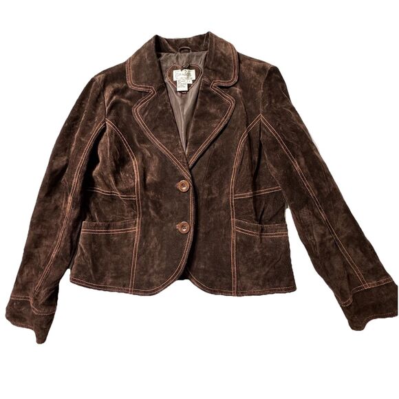 VTG Y2K Live A Little Wms Chocolate Brown Leather Suede Short Jacket L - Picture 1 of 12